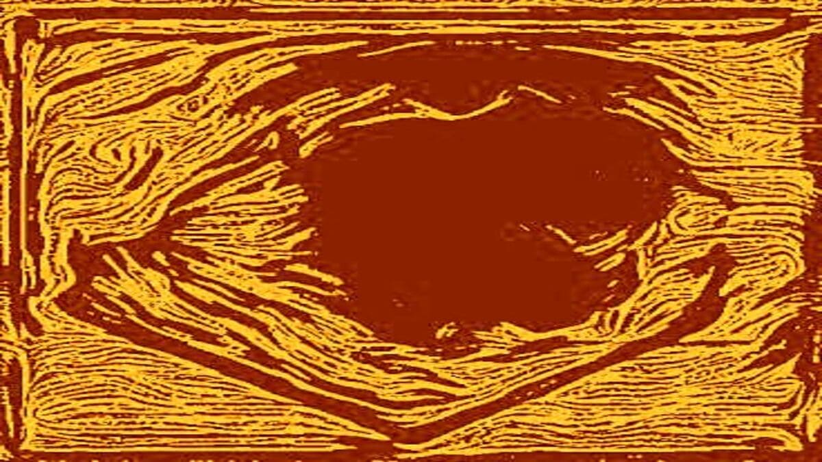 abstract art that looks like a wood etching. yellow lines on a dark orange background
