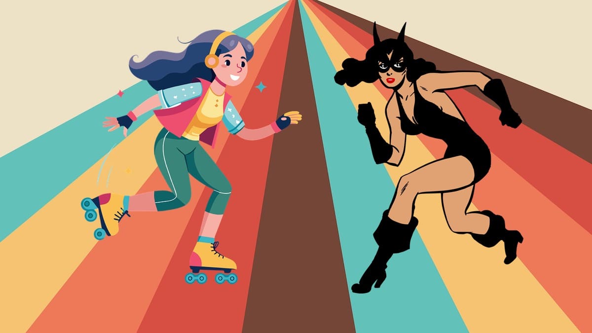 happy roller-skater in headphones and mysterious woman in a black mask, leotard and high heels run toward each other